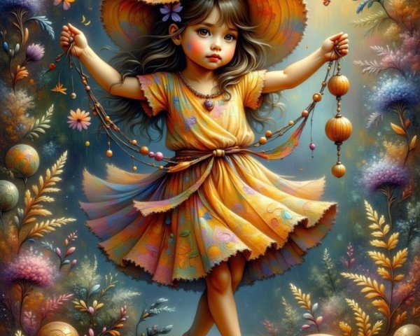Whimsical Scene of a Girl in a Colorful Dress