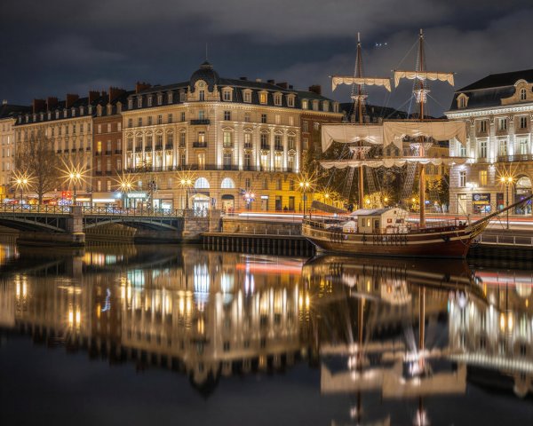 Nighttime Long Exposure of a Sailship on a River