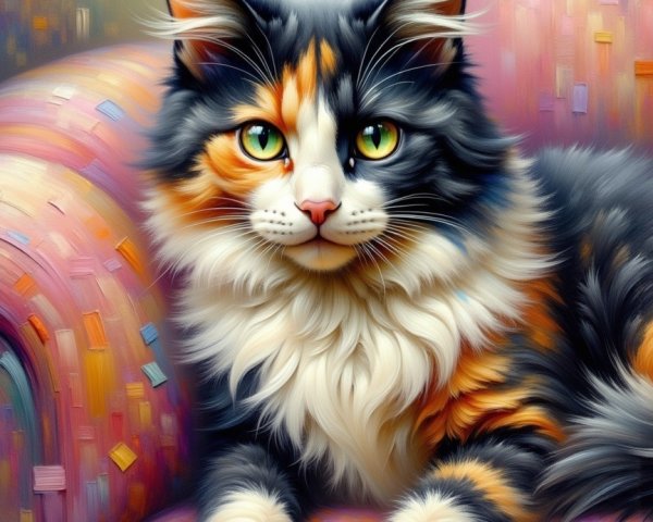 Fluffy Calico Cat on Colorful Pink Chair