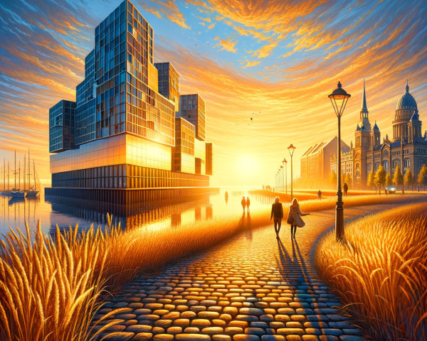 Sunset Over Reflective Building by Serene Waterfront