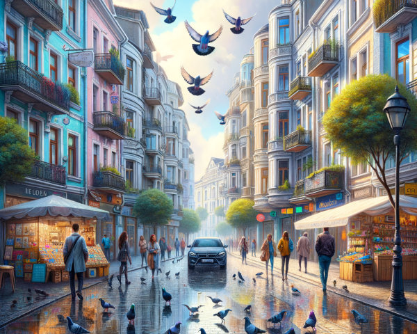 Vibrant Urban Street Scene with Pastel Buildings