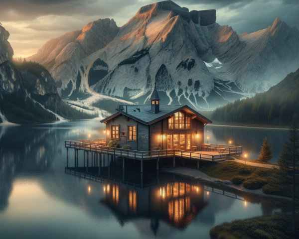 Lakeside Cabin at Dusk with Mountain Backdrop