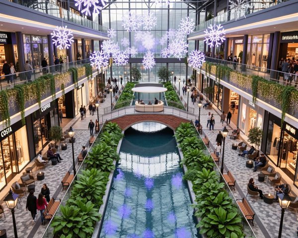 Indoor Shopping Mall with Christmas Decorations and Canal