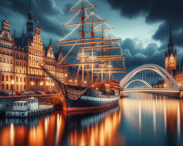 Tall Ship with String Lights Docked in European City