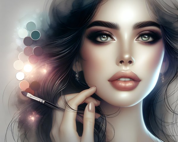 Portrait of a Woman with Green Eyes and Makeup Brush