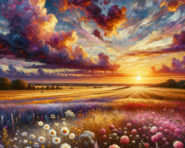 Vibrant Sunset Over a Field with Wildflowers and Trees