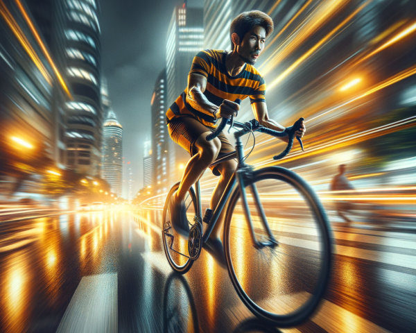 Cyclist Racing in a Vibrant Urban Night Scene