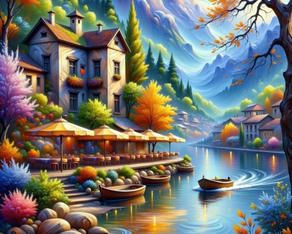 Vibrant Lakeside Scene with Autumn Foliage and Houses