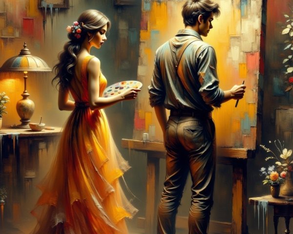 Young Couple Painting in a Warmly Lit Studio