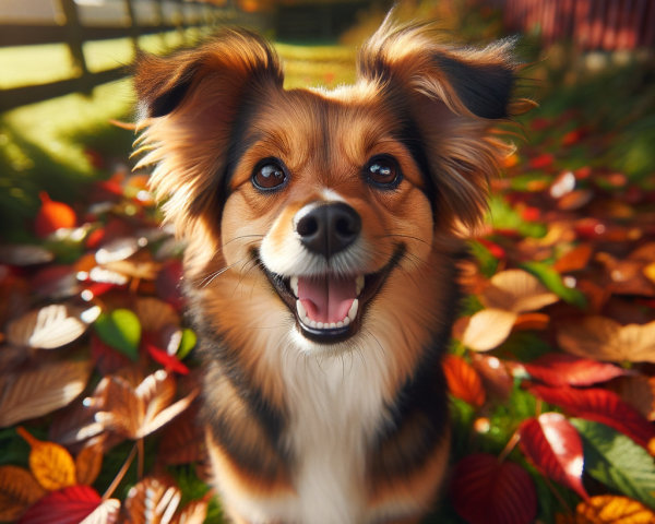 Cheerful Dog Surrounded by Colorful Autumn Leaves