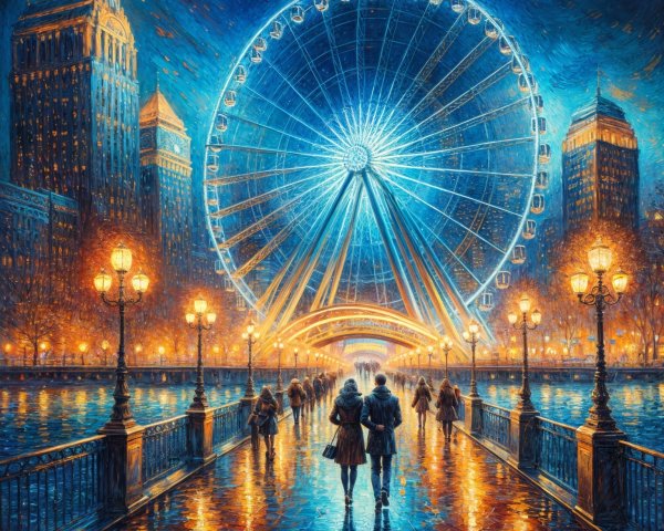 Vibrant City Waterfront Evening Scene with Ferris Wheel