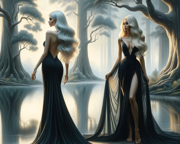 Elegant Figures in Flowing Gowns by Serene Water