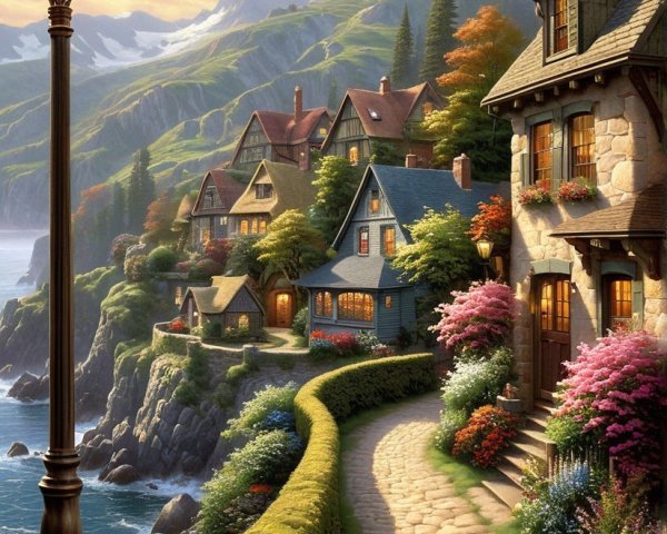 Coastal Village with Cottages and Scenic Pathway