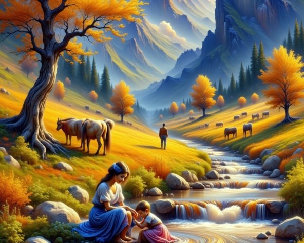 Autumn Landscape with Woman and Child by Stream