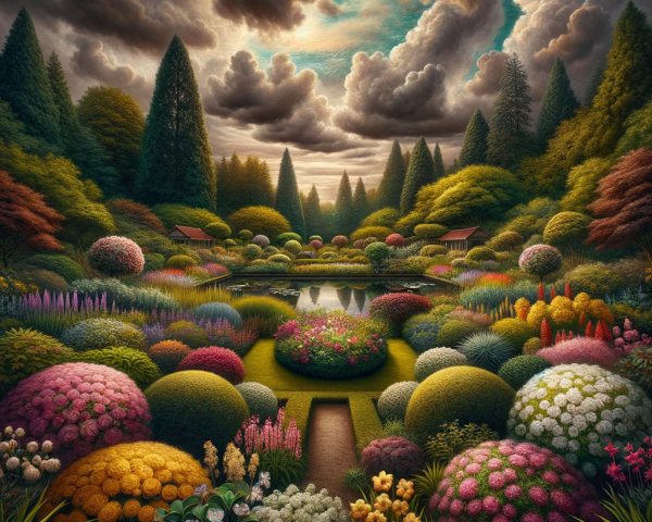 Vibrant Garden with Colorful Flowers and Tranquil Pond