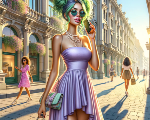 Fashionable woman with teal hair in urban setting