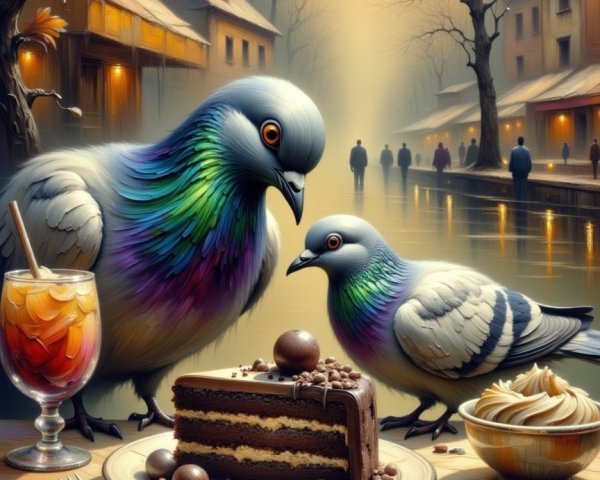 Colorful Pigeons by Dessert Table at Sunset Scene