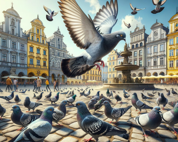 Vibrant plaza with pigeons and colorful architecture