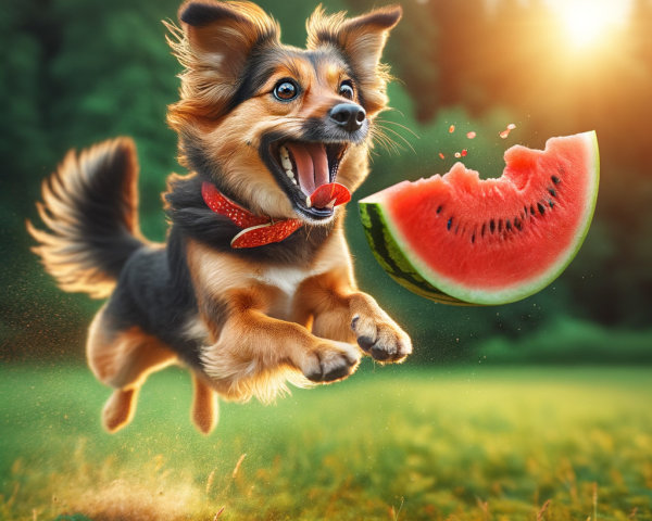Joyful Dog Leaps in Sunlit Field with Watermelon