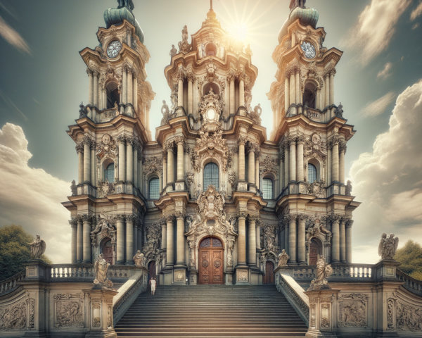Baroque-Style Church with Intricate Sculptures and Spires