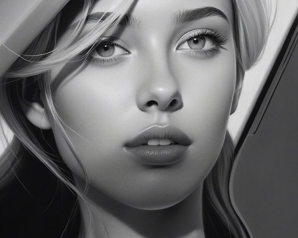 Black and White Portrait of a Young Woman with Geometric Background