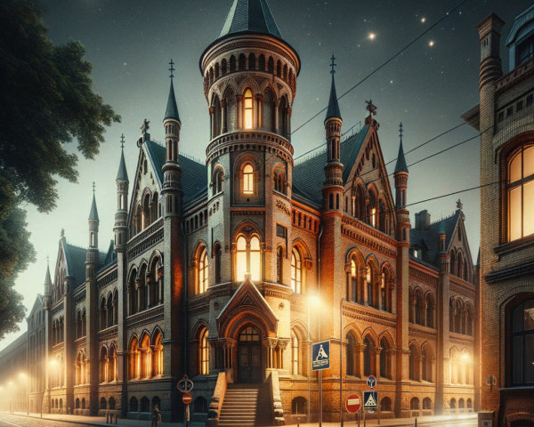 Historic building with intricate architecture at night