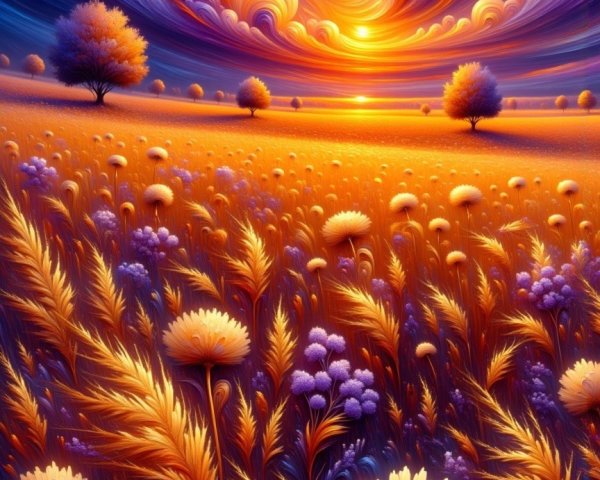 Vibrant landscape with colorful flowers at sunset