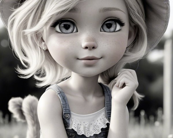 Charming Young Girl in Straw Hat and Denim Overalls