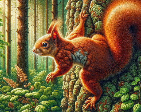 Red Squirrel on Tree Bark in Sunlit Forest