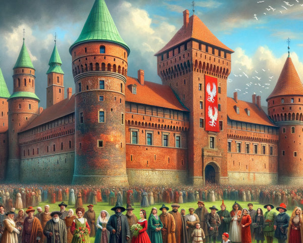 Medieval Castle Surrounded by Celebratory Crowd