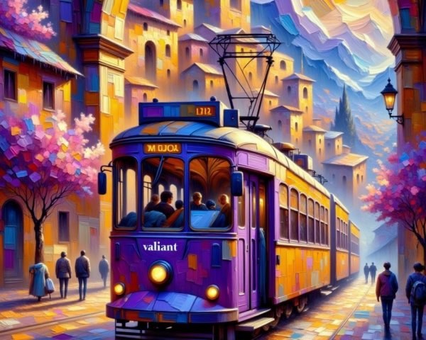 Purple Tram on Cobblestone Street at Sunset