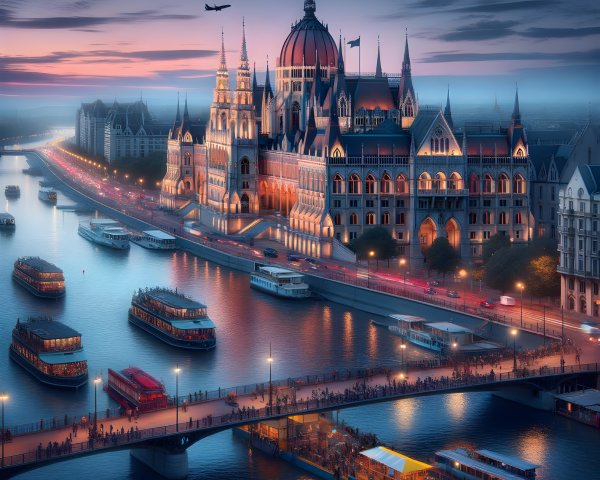 Hungarian Parliament Building at Dusk Over Danube River