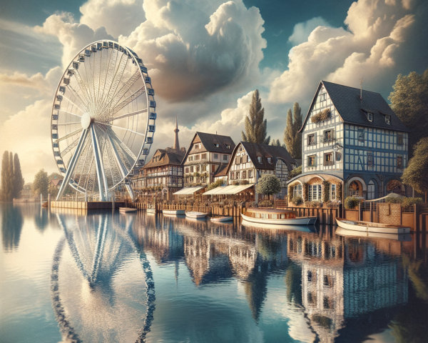 Riverside Scene with Ferris Wheel and Historic Buildings