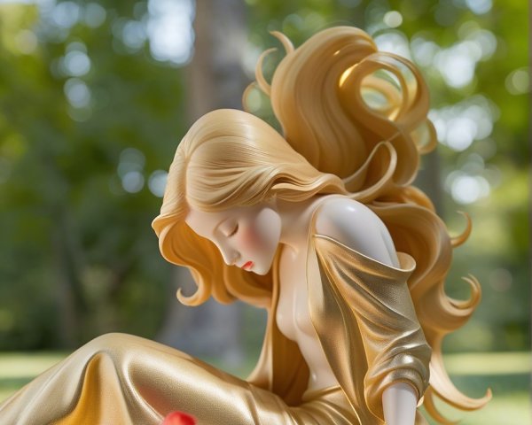 Golden-haired figurine in serene outdoor setting