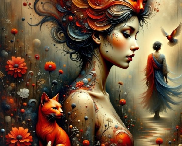 Vivid Artwork of a Woman with Fox Heads and Flowers