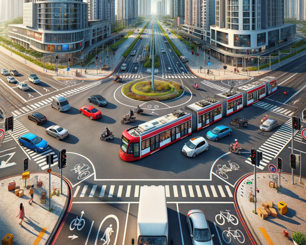 Modern Urban Intersection with Skyscrapers and Traffic