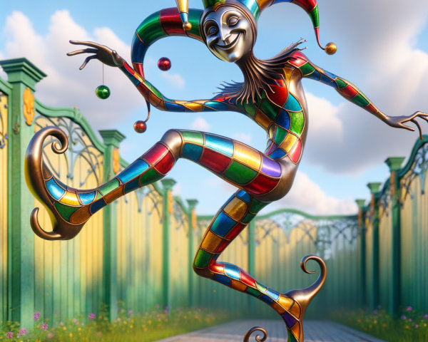 Jester Figure in Colorful Costume in Garden Pathway