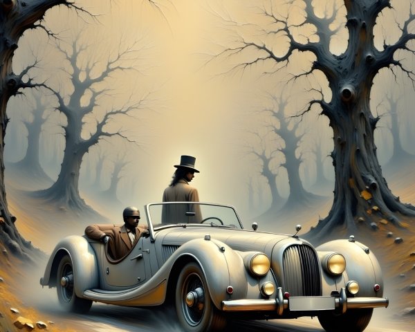 Vintage Convertible on Foggy Path with Leafless Trees