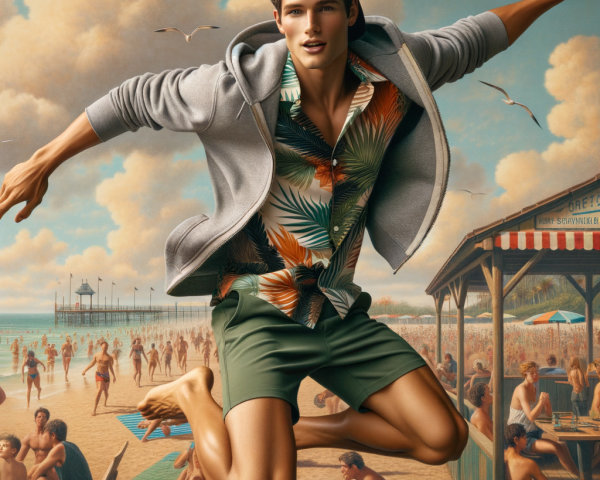Young man joyfully leaps in vibrant beach scene