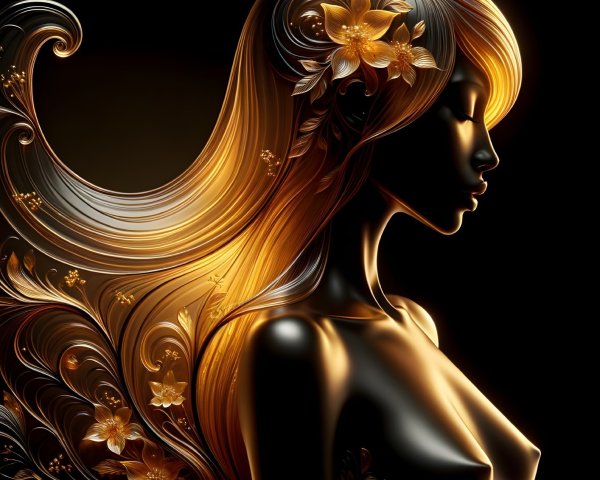 Stylized silhouette of a woman with glowing hair and flowers