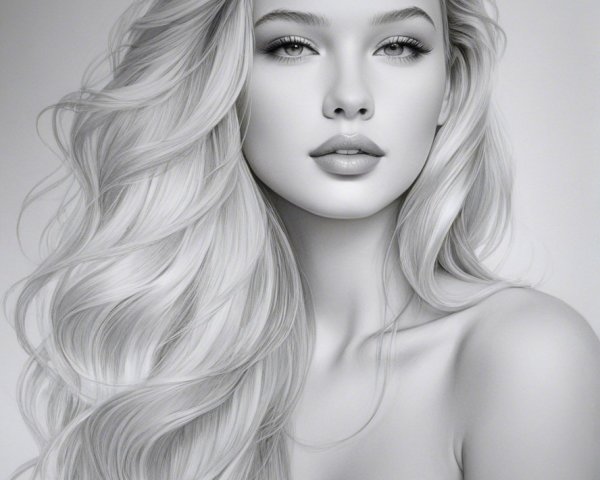 Grayscale Portrait of a Young Woman with Flowing Hair