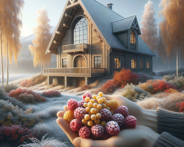 Wooden House Amid Frosty Foliage and Colorful Berries
