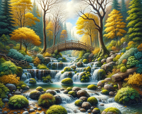 Cascading Waterfall in Lush Autumn Landscape