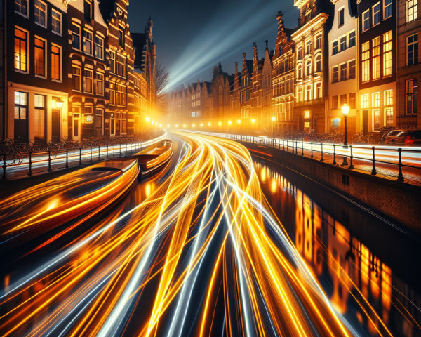 Long Exposure of a Canal City at Night with Lights