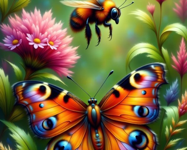 Colorful Butterfly and Bumblebee in Lush Nature Scene