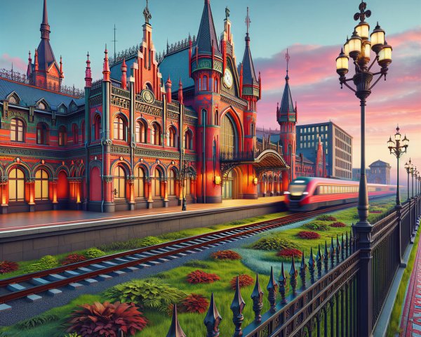 Gothic Train Station with Lush Greenery and Sunset Sky