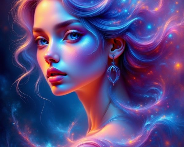 Ethereal Portrait of a Young Woman with Cosmic Hair