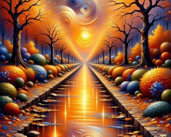 Surreal Autumn Landscape with Colorful Canal and Trees