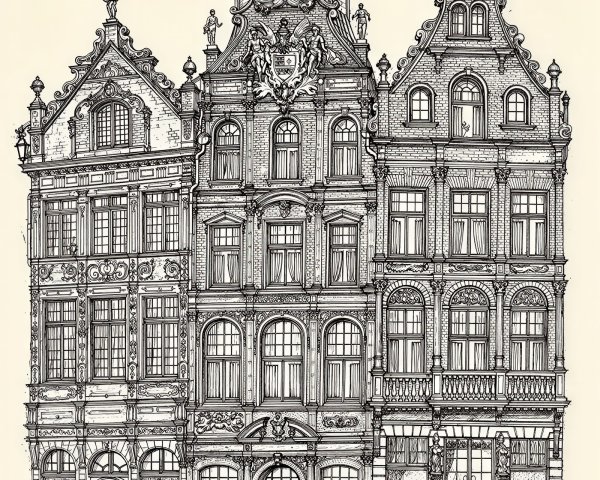 Intricate Black and White Drawing of European Buildings