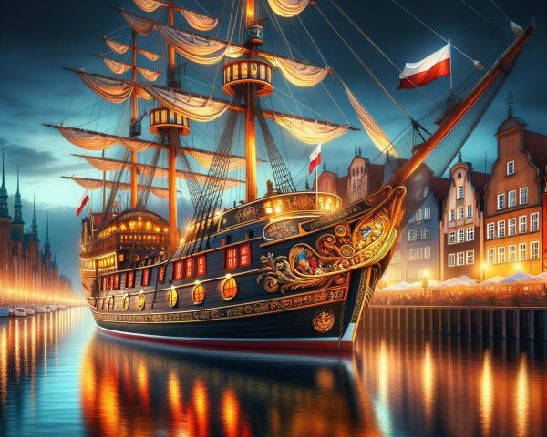 Vibrant Pirate Ship Docked at Twilight Waterfront